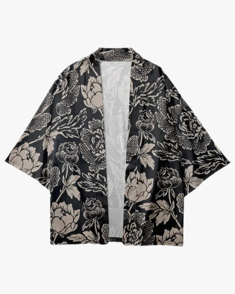 Black and Gray Flowers Kimono